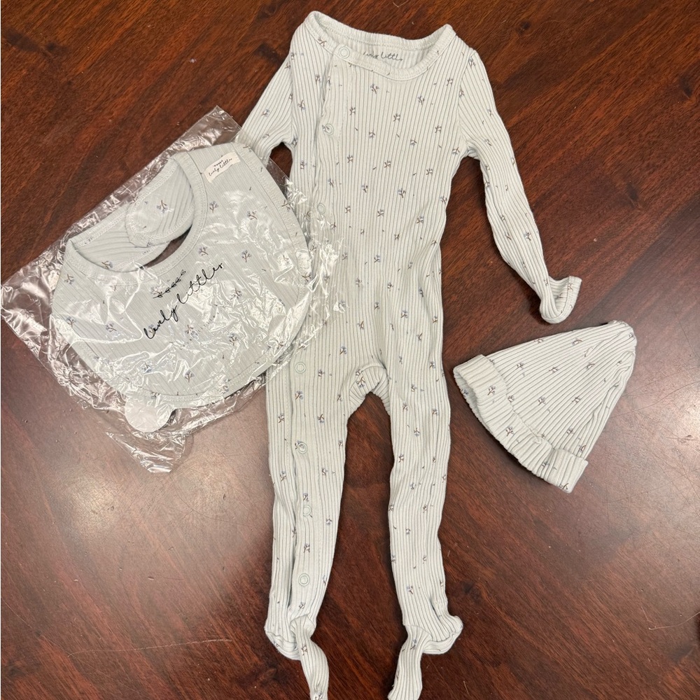 Lovely Little Soft Ribbed Light Gray Floral Baby One-Piece with Hat